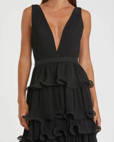 Black Sleeveless Ruffle Tiered V Neck Gown